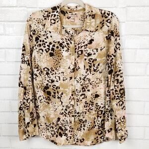 White Stag Animal Print Long Roll Tab Sleeve Button Down Blouse Tan Size Medium